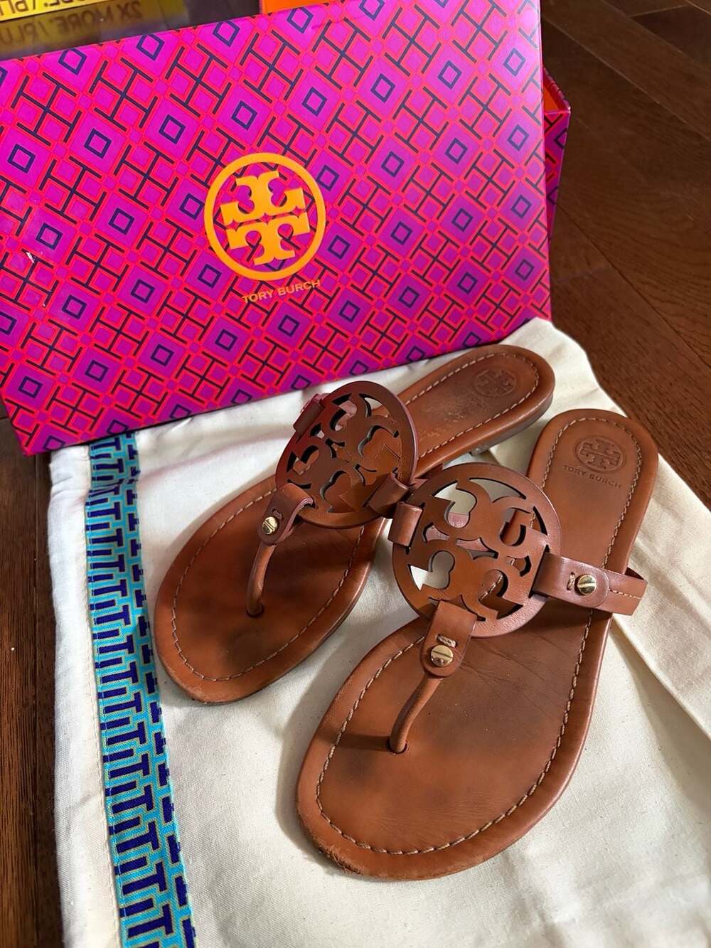 TORY BURCH MILLER SANDAL VINTAGE VACHETTE LEATHER SIZE 8.5